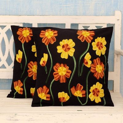 Alternate image for 2 Black Cotton Floral Cushion Covers Chainstitch Embroidery Midnight Marigolds