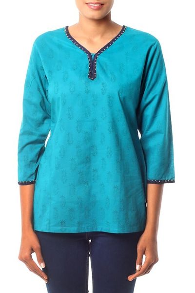 Alternate image for Cotton Tunic Top Embellished Blouse Block Print Hand Made Turquoise in Delhi