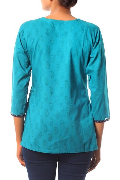 Alternate image for Cotton Tunic Top Embellished Blouse Block Print Hand Made Turquoise in Delhi