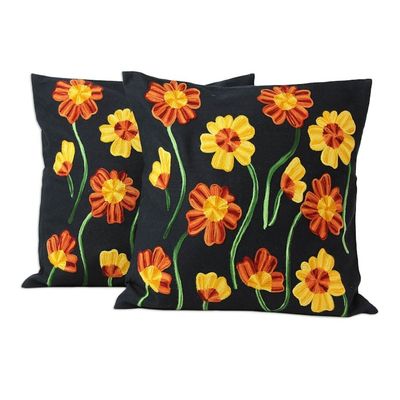 Alternate image for 2 Black Cotton Floral Cushion Covers Chainstitch Embroidery Midnight Marigolds