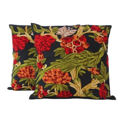 Alternate image for Chainstitch Embroidery Black Cotton Cushion Covers Pair Midnight in the Garden