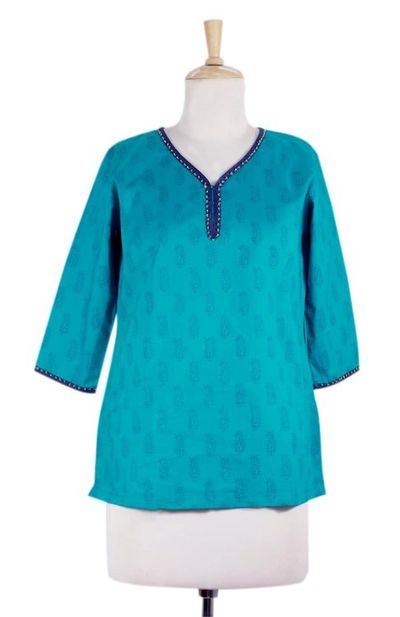 Alternate image for Cotton Tunic Top Embellished Blouse Block Print Hand Made Turquoise in Delhi