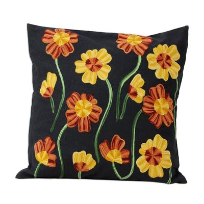 Alternate image for 2 Black Cotton Floral Cushion Covers Chainstitch Embroidery Midnight Marigolds