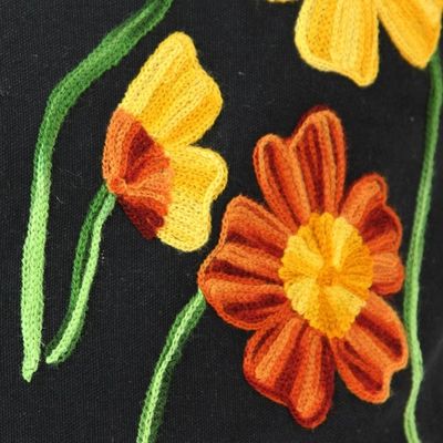 Alternate image for 2 Black Cotton Floral Cushion Covers Chainstitch Embroidery Midnight Marigolds