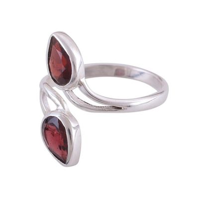 Alternate image for Rhodium Plated Garnet and Silver Wrap Ring from India Red Teardrops