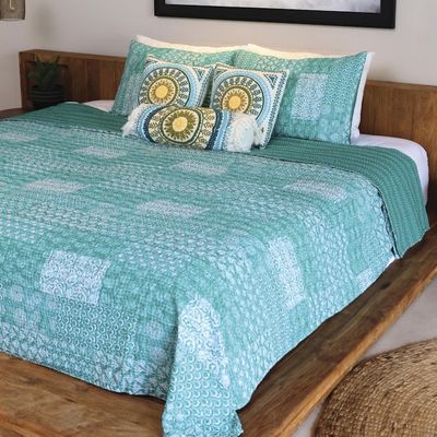 Alternate image for Kantha Cotton Bedspread and Shams in Seaglass 3 Piece Kantha Charm in Turquoise