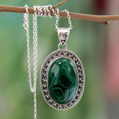 Alternate image for Sterling Silver Necklace Malachite Jewelry from India Forest Whirlwind