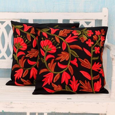 Alternate image for 2 Chainstitch Embroidery Black Cotton Floral Cushion Covers Poppies at Midnight