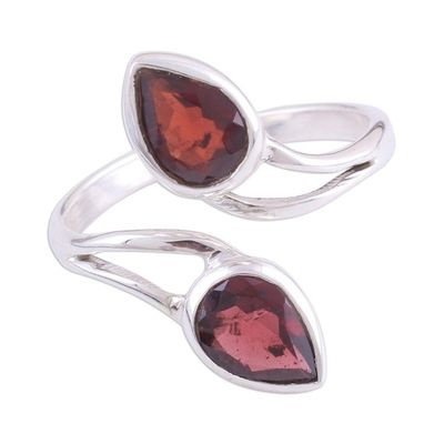 Alternate image for Rhodium Plated Garnet and Silver Wrap Ring from India Red Teardrops