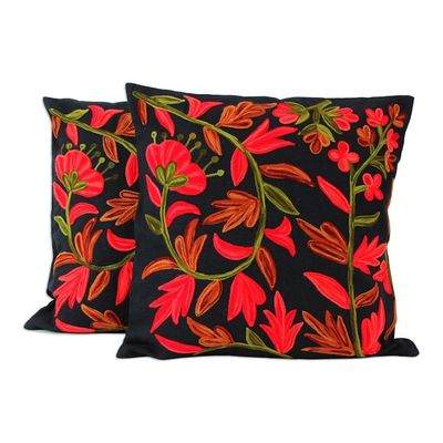 Alternate image for 2 Chainstitch Embroidery Black Cotton Floral Cushion Covers Poppies at Midnight