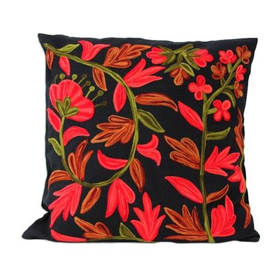 Alternate image for 2 Chainstitch Embroidery Black Cotton Floral Cushion Covers Poppies at Midnight