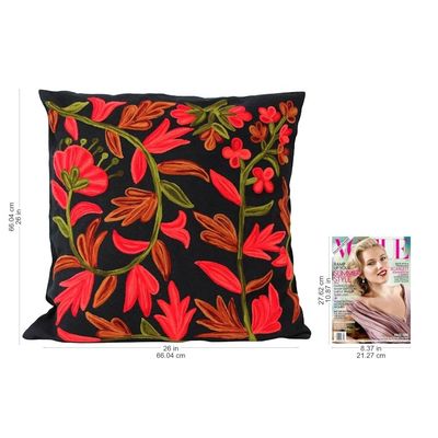 Alternate image for 2 Chainstitch Embroidery Black Cotton Floral Cushion Covers Poppies at Midnight