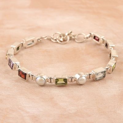 Alternate image for 11-Carat Faceted Multi-Gemstone Link Bracelet with Pearls United Pearly Gems
