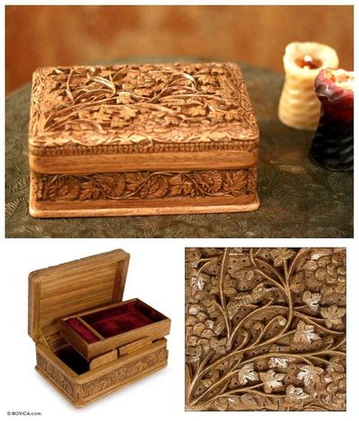 Alternate image for Hand Carved Wood Jewelry Box Secret Birds