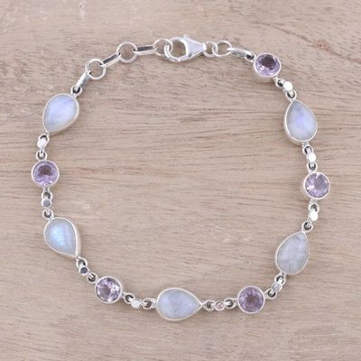 Alternate image for Handmade Amethyst Rainbow Moonstone Link Bracelet from India Misty Lilac