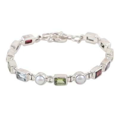 Alternate image for 11-Carat Faceted Multi-Gemstone Link Bracelet with Pearls United Pearly Gems
