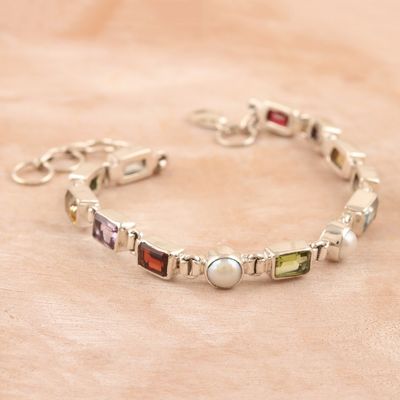 Alternate image for 11-Carat Faceted Multi-Gemstone Link Bracelet with Pearls United Pearly Gems