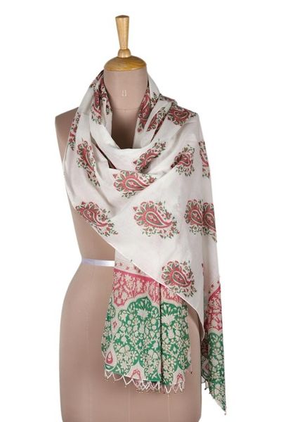 Alternate image for Block-Printed Paisley-Motif Cotton Shawl Contrasting Paisley