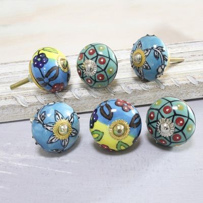 Alternate image for Vibrant Floral Ceramic Knobs from India Set of 6 Charming Globes