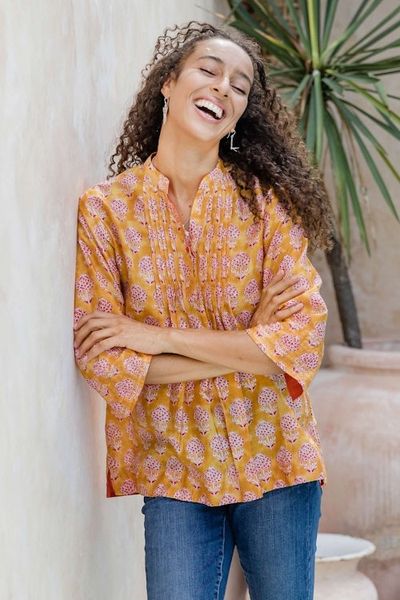 Alternate image for Patterned Honey and Salamander Cotton and Silk Blend Tunic Honey Saga