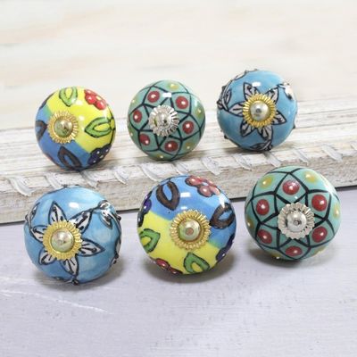 Alternate image for Vibrant Floral Ceramic Knobs from India Set of 6 Charming Globes