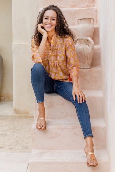 Alternate image for Patterned Honey and Salamander Cotton and Silk Blend Tunic Honey Saga