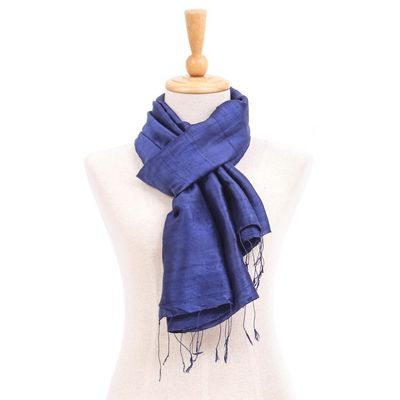 Alternate image for Hand Woven Blue Thai Silk and Rayon Scarf Sapphire Night