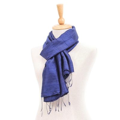 Alternate image for Hand Woven Blue Thai Silk and Rayon Scarf Sapphire Night