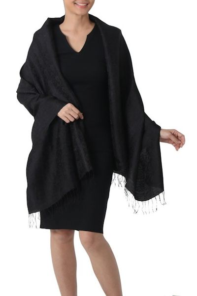 Alternate image for Artisan Crafted Rayon Blend Black Shawl with Floral Motif Mandarin Jet