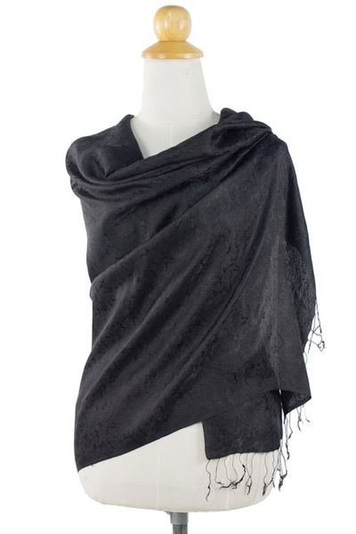 Alternate image for Artisan Crafted Rayon Blend Black Shawl with Floral Motif Mandarin Jet