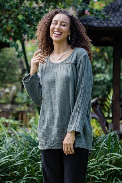 Alternate image for Sage Grey Cotton Double Gauze Blouse Modern Look in Grey