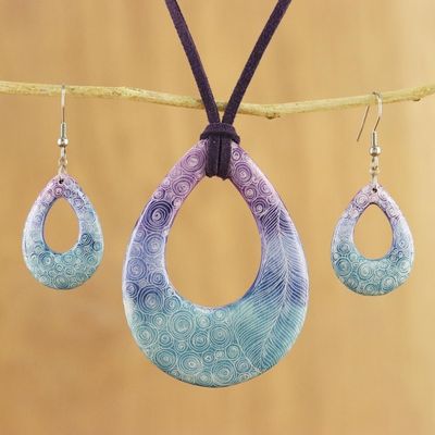 Alternate image for Swirl and Feather Ceramic Necklace and Earrings Jewelry Set Feather Beauty