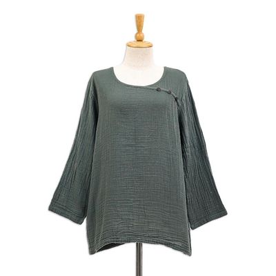 Alternate image for Sage Grey Cotton Double Gauze Blouse Modern Look in Grey