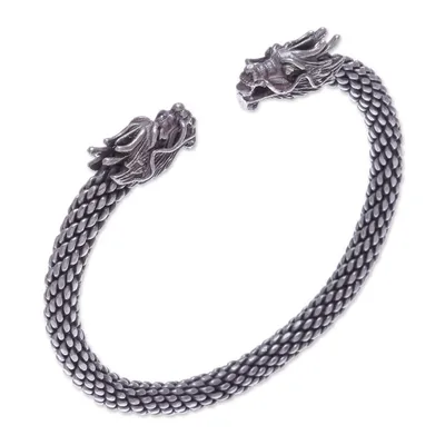 Alternate image for Dragon Themed Unisex Sterling Silver Cuff Bracelet Double Dragons