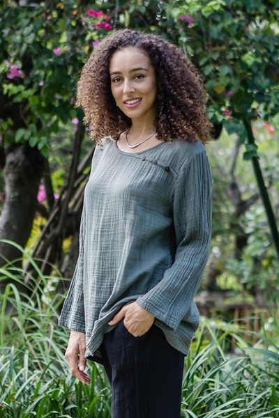 Alternate image for Sage Grey Cotton Double Gauze Blouse Modern Look in Grey
