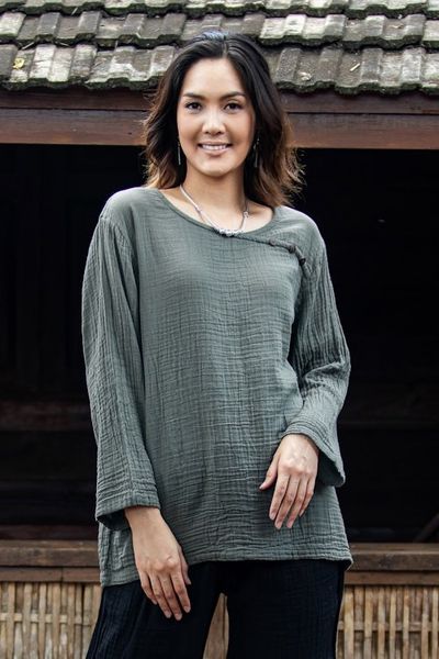 Alternate image for Sage Grey Cotton Double Gauze Blouse Modern Look in Grey