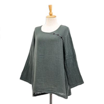Alternate image for Sage Grey Cotton Double Gauze Blouse Modern Look in Grey