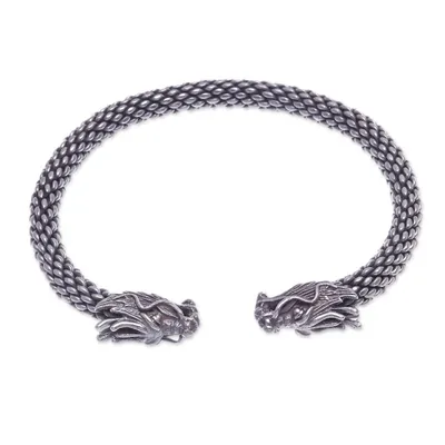 Alternate image for Dragon Themed Unisex Sterling Silver Cuff Bracelet Double Dragons
