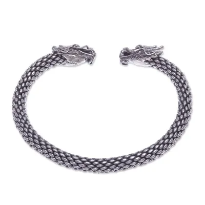 Alternate image for Dragon Themed Unisex Sterling Silver Cuff Bracelet Double Dragons