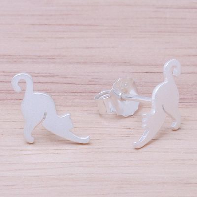 Alternate image for Sterling Silver Cat Stud Earrings from Thailand Feline Stretch
