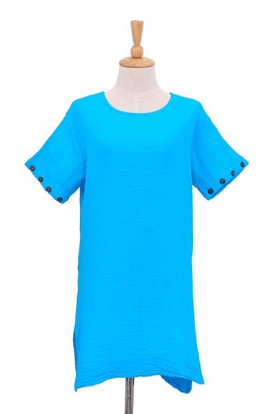 Alternate image for Long Turquoise Blue Cotton Tunic Out of Office in Cyan