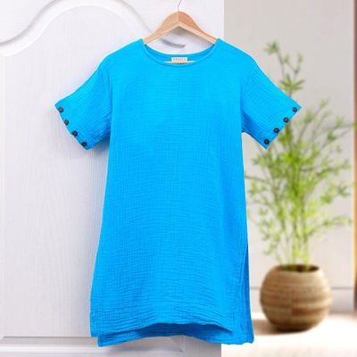 Alternate image for Long Turquoise Blue Cotton Tunic Out of Office in Cyan