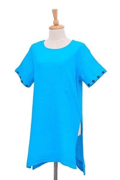 Alternate image for Long Turquoise Blue Cotton Tunic Out of Office in Cyan