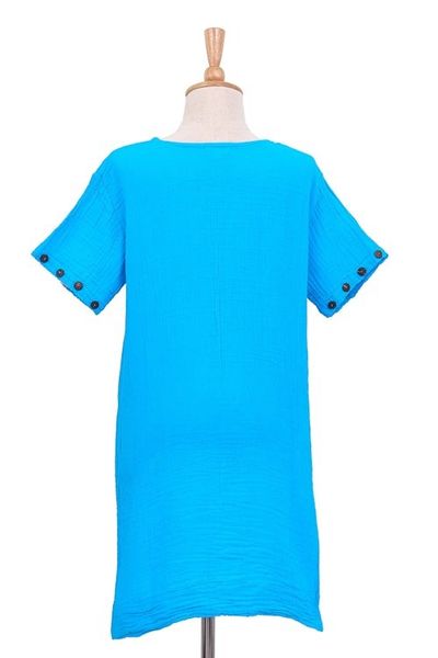 Alternate image for Long Turquoise Blue Cotton Tunic Out of Office in Cyan