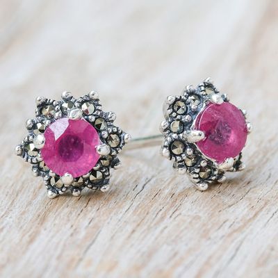 Alternate image for Artisan Crafted Ruby and Marcasite Stud Earrings Firefly in Pink