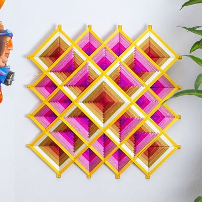 Alternate image for Pine Wood Handwoven Pink Wall Art with Geometric Motifs Pink Divinity