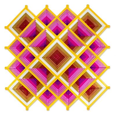 Alternate image for Pine Wood Handwoven Pink Wall Art with Geometric Motifs Pink Divinity