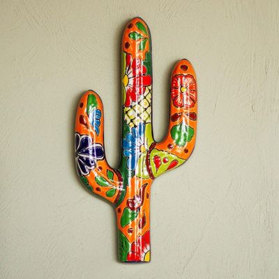 Alternate image for Floral Cactus Talavera-Style Ceramic Wall Sculpture Desert Saguaro