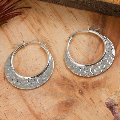 Alternate image for Hand Crafted Sterling Silver Hammered Hoop Earrings Rustic Elegance