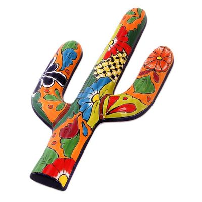 Alternate image for Floral Cactus Talavera-Style Ceramic Wall Sculpture Desert Saguaro